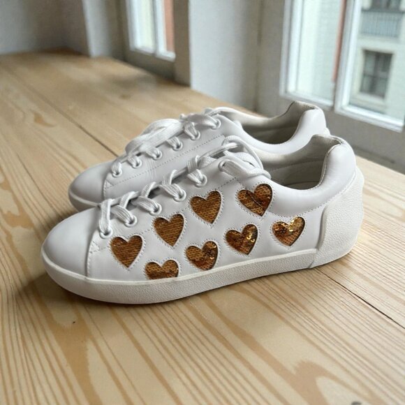 ASH Sequin Heart Print White Leather Sneakers Size 37 / US 6.5 -7 - Picture 2 of 10